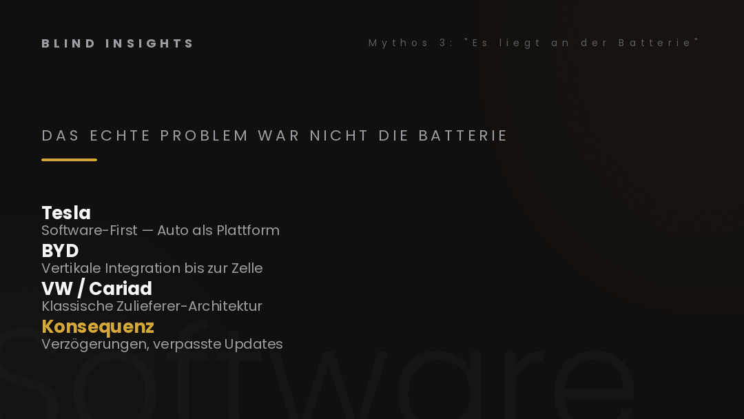 Das echte Problem war nicht die Batterie — Software-First bei Tesla, vertikale Integration bei BYD, klassische Zulieferer-Architektur bei VW