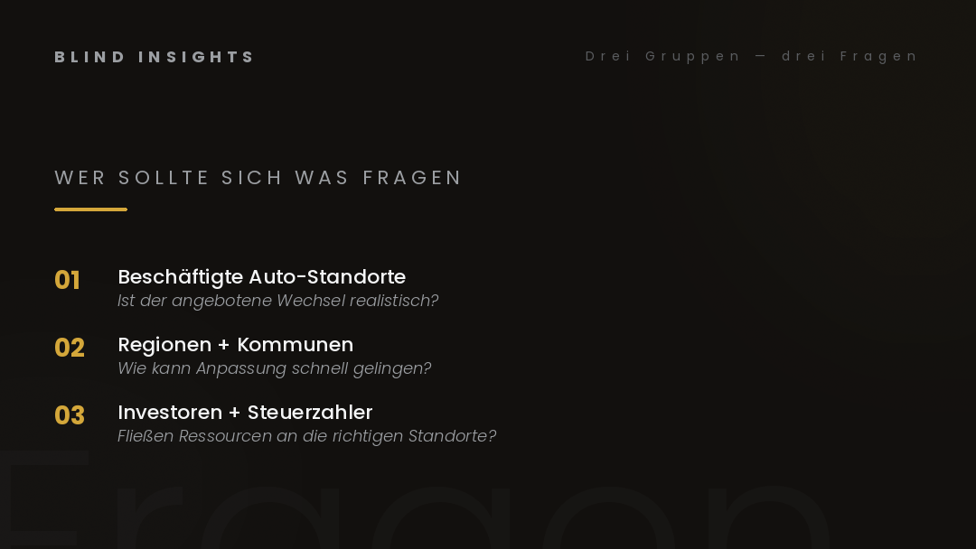 Drei Gruppen, drei Fragen — Beschäftigte, Regionen, Investoren