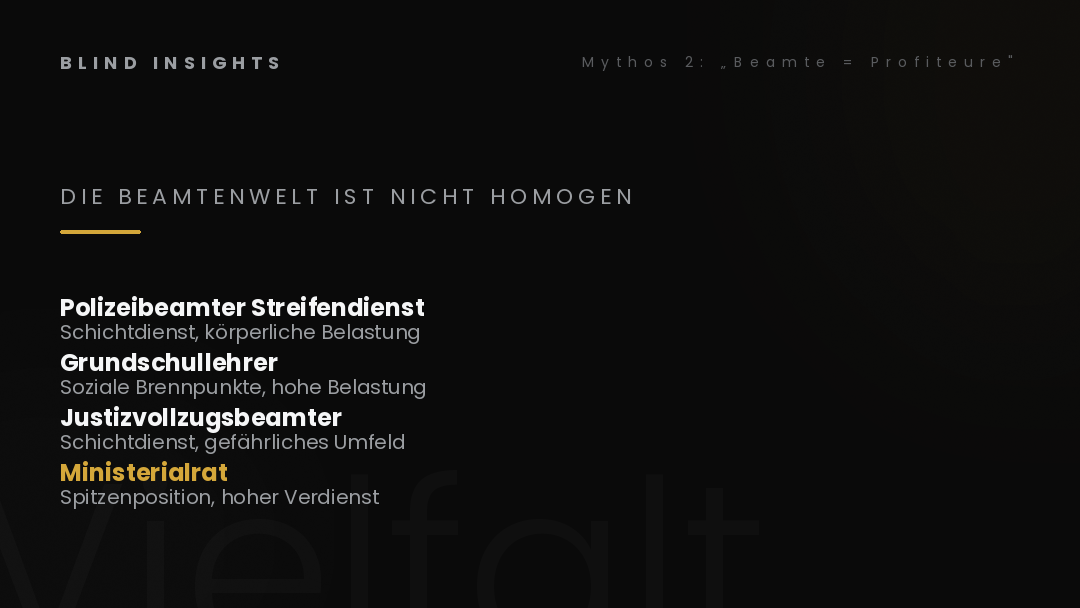 Die Beamtenwelt ist nicht homogen — Polizeibeamte im Streifendienst, Grundschullehrer, Justizvollzugsbeamte vs. Ministerialräte