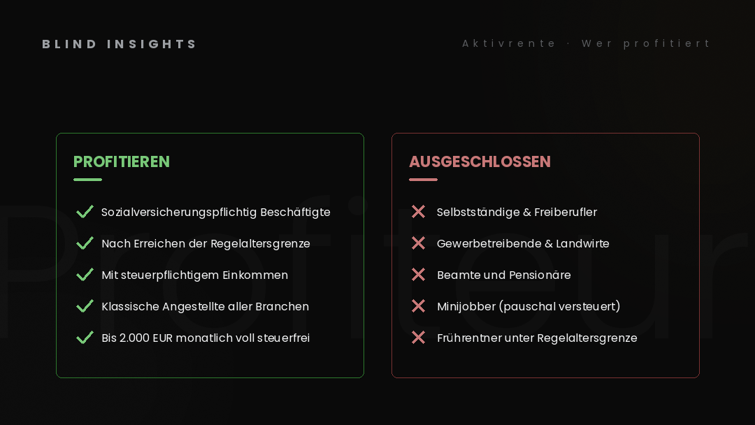 Wer von der Aktivrente profitiert und wer ausgeschlossen ist — Selbstständige, Beamte, Minijobber, Frührentner