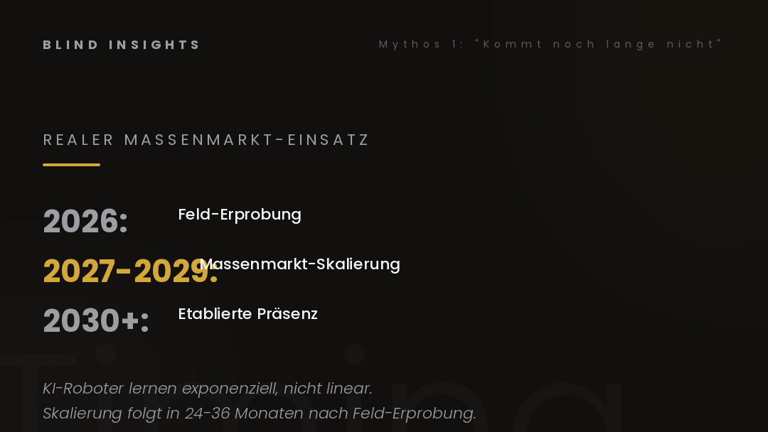 Realer Massenmarkt-Einsatz — 2026 Feld-Erprobung, 2027-2029 Skalierung, KI lernt exponenziell