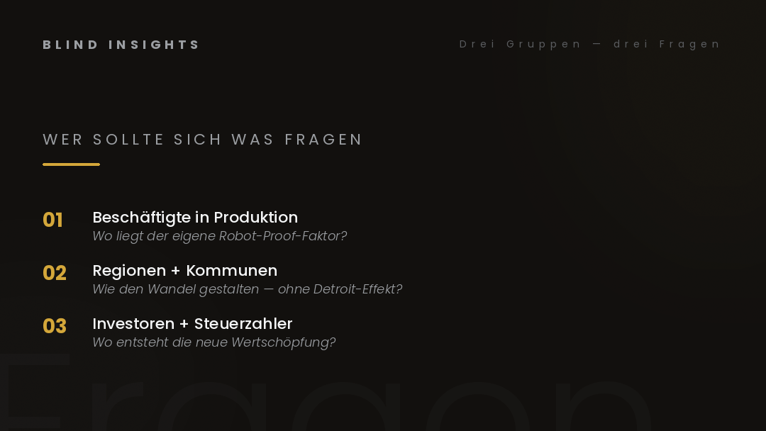 Drei Gruppen, drei Fragen — Beschäftigte, Regionen, Investoren