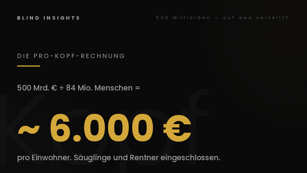Die Pro-Kopf-Rechnung — 500 Milliarden Euro durch 84 Millionen Einwohner ergibt etwa 6000 Euro pro Kopf