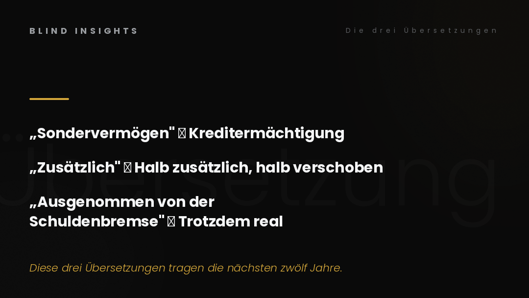 Die drei Übersetzungen — Sondervermögen ist Kreditermächtigung, zusätzlich ist halb verschoben, ausgenommen ist trotzdem real