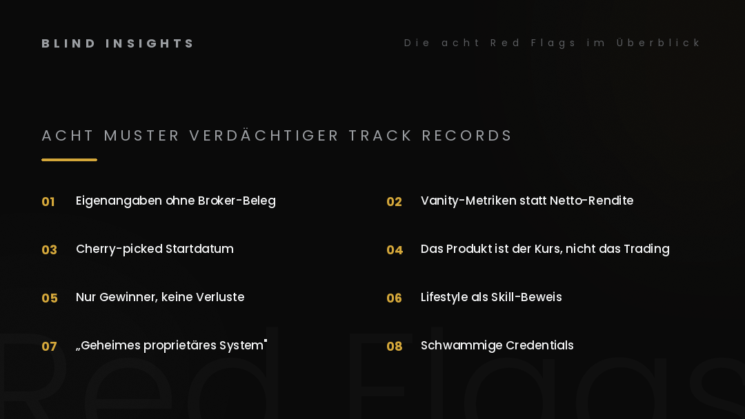 Acht Muster verdächtiger Track Records im Überblick — von Eigenangaben bis schwammige Credentials
